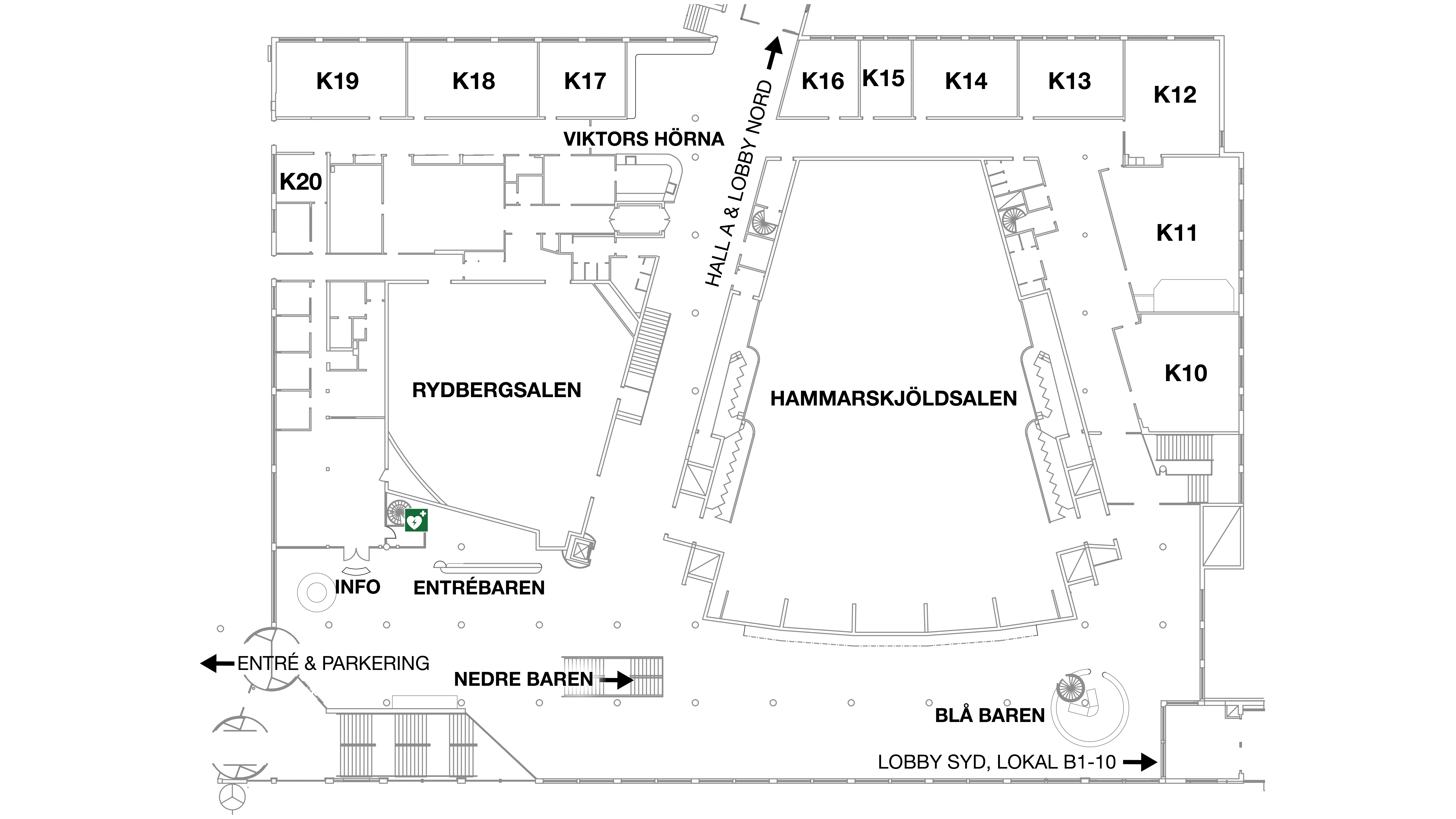 Karta över Jönköping Konsert & Kongress. Rydbergsalen ligger till vänster och Hammarskjöldsalen centralt. Runt de öppna foajéytorna finns Entrébaren, Nedre baren och Blå baren. Konferensrummen K10–K20 är placerade som ett L runt hörsalarna, med rum både längs övre och högra sidan av kartan.
