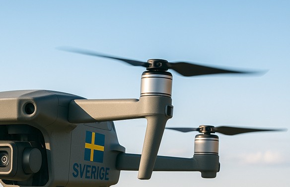 Bilden visar en del av en drönare, med två motorer och en svensk flagga.